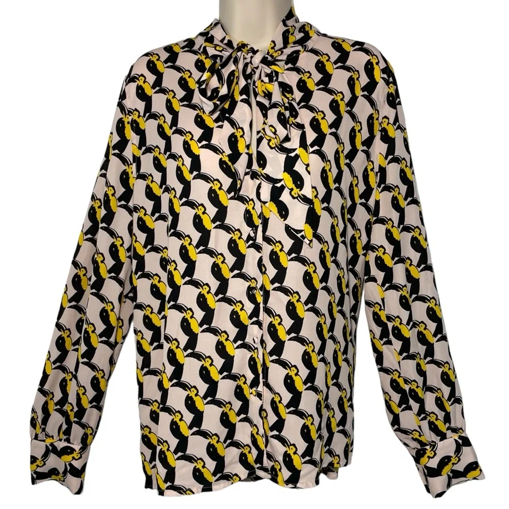 Avec Les Filles pink toucan print blouse neck bow button down sz xl - Picture 5 of 10